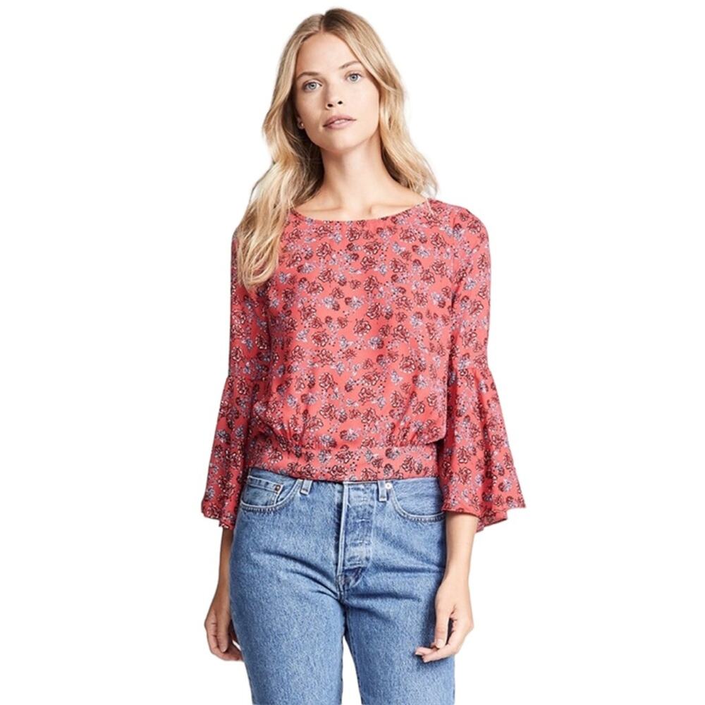Jack BB Dakota Floral Bell Sleeve Blouse Size S Pink Tie Back Boat Neck